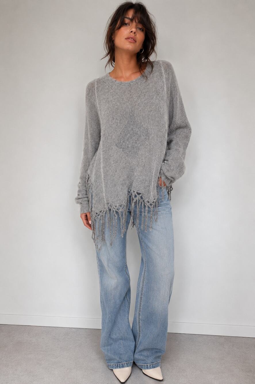 Mes Demoiselles Alpaca Fringe Sweater Gray Soft Boho Size 2